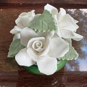 Vintage Mini Ceramic Rose Tabletop Decor White Flowers Green Base